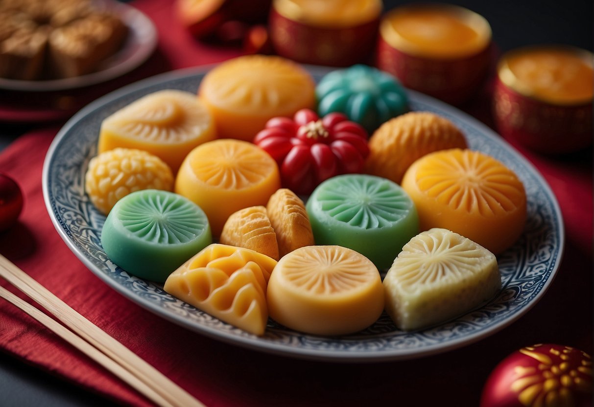 Colorful shapes and patterns of traditional Chinese desserts arranged on a decorative platter for Chinese New Year celebration