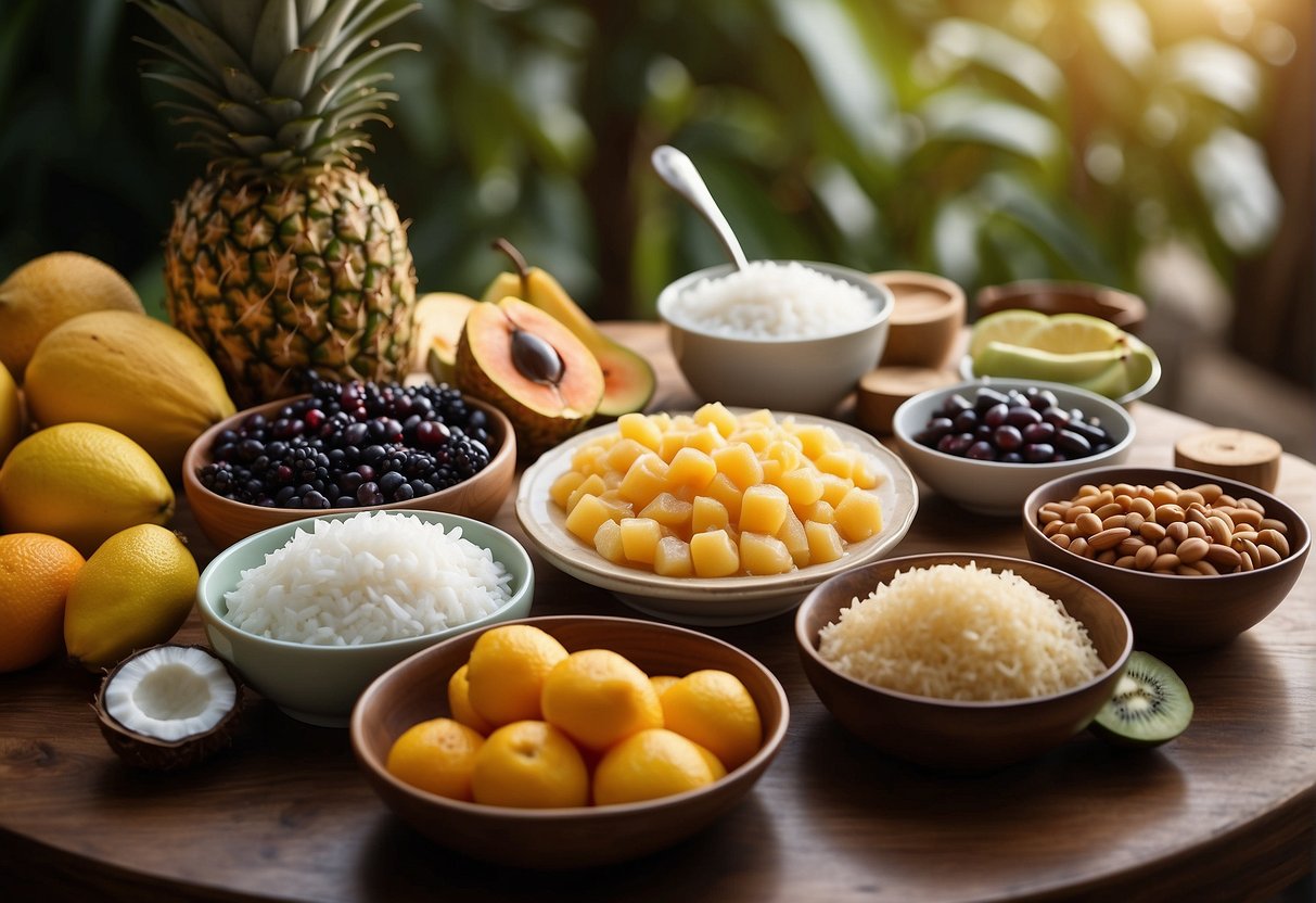 A table filled with fresh fruits, sweet beans, and sticky rice, surrounded by bowls of syrup and coconut milk
