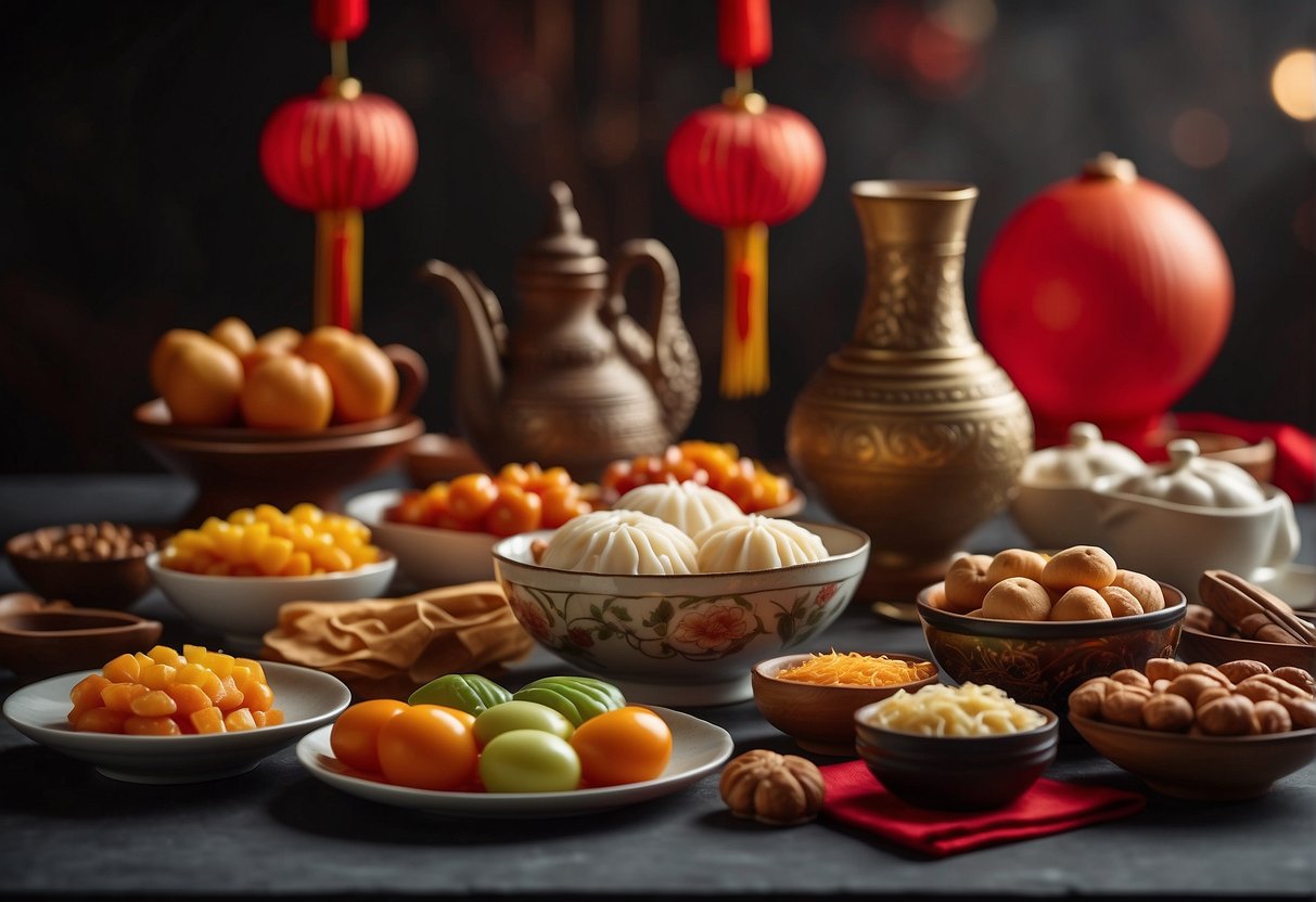 A table with various Chinese dessert ingredients and utensils, with a festive Chinese New Year decor in the background