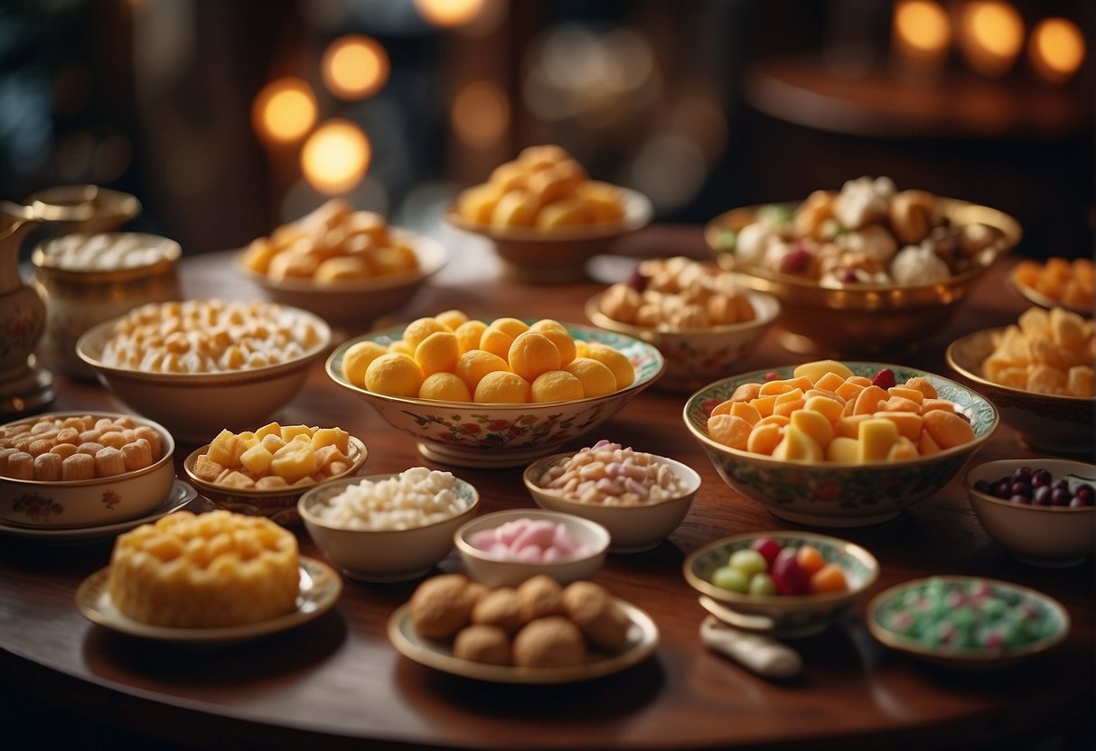 A table adorned with colorful and elaborate Chinese desserts, surrounded by joyful family members sharing the festive treats
