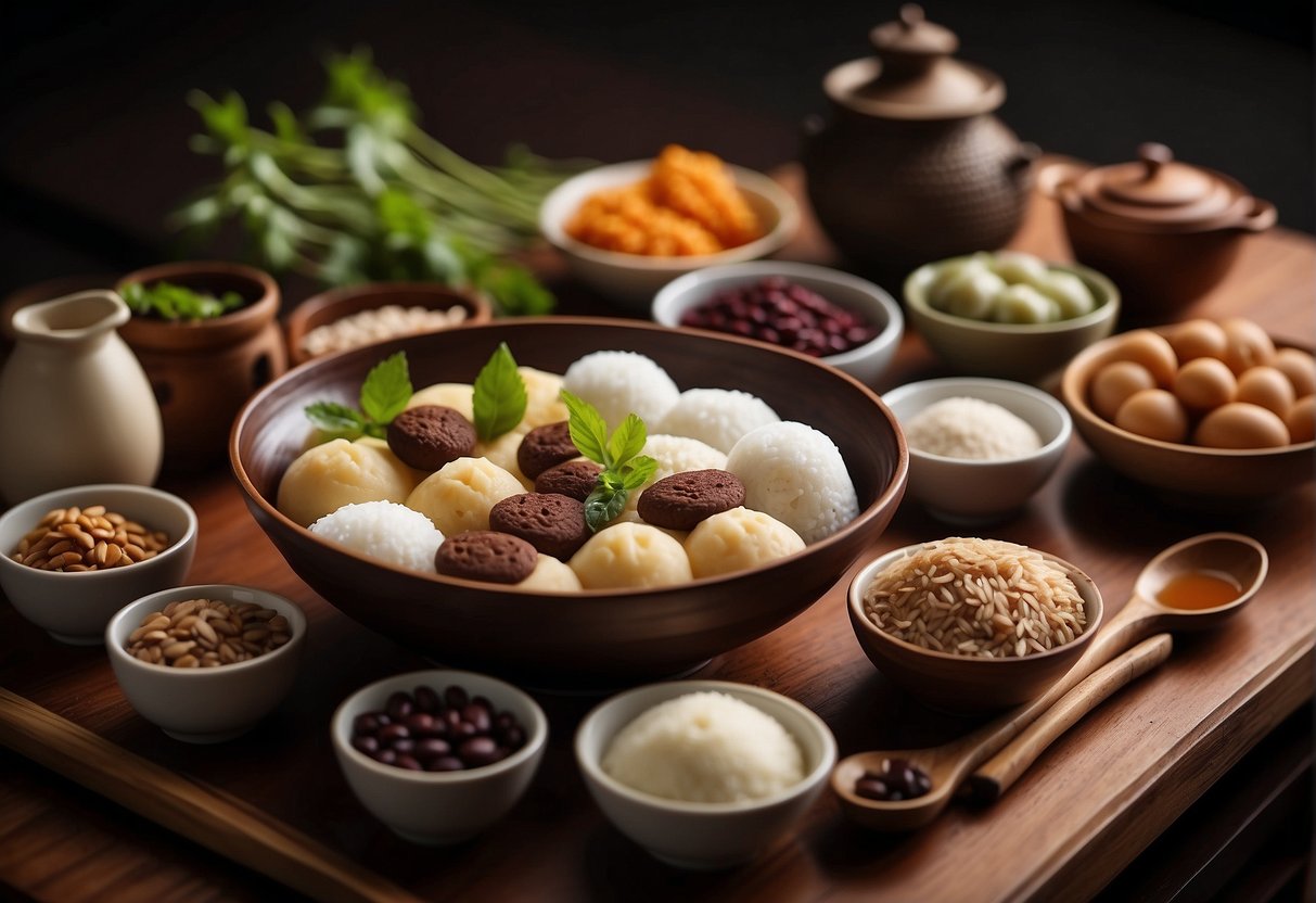 A table with various Chinese dessert ingredients and utensils, including red bean paste, glutinous rice flour, and a bamboo steamer