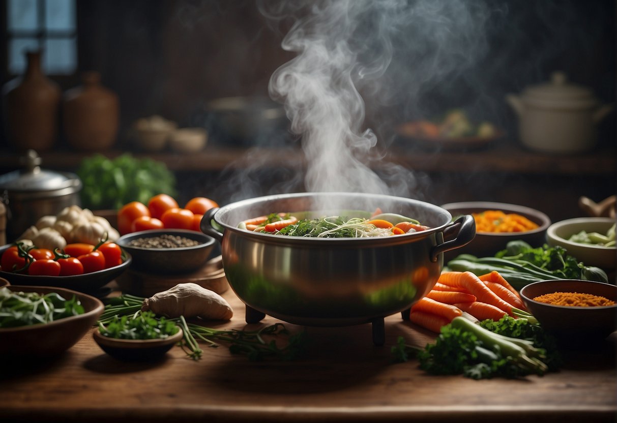 A table filled with colorful vegetables, herbs, and spices arranged in a traditional Chinese kitchen, with steam rising from a pot of detox soup