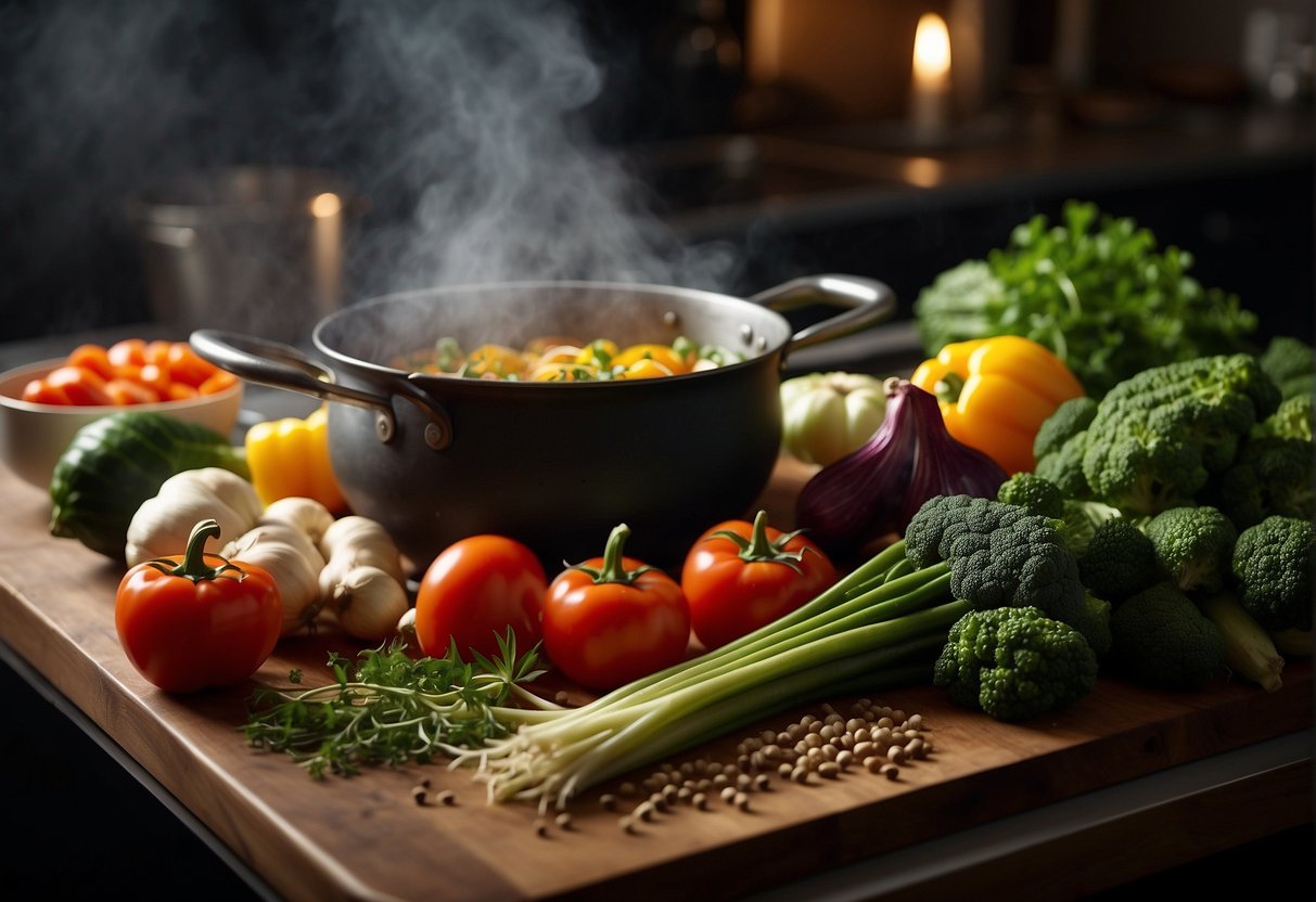 A table filled with colorful vegetables, herbs, and spices. Steam rises from a pot of simmering broth. A chef's knife and cutting board are ready for action