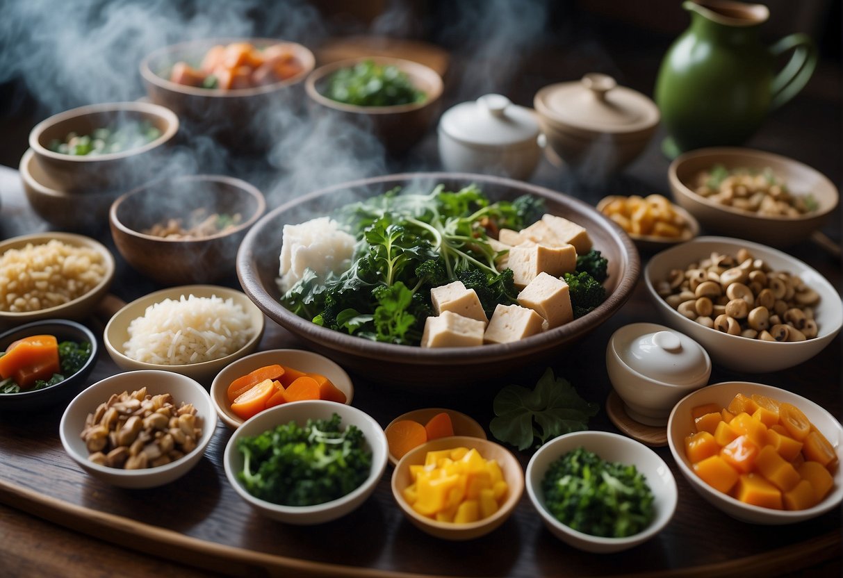 A table set with colorful bowls of steaming Chinese detox dishes, surrounded by vibrant ingredients like leafy greens, mushrooms, and tofu