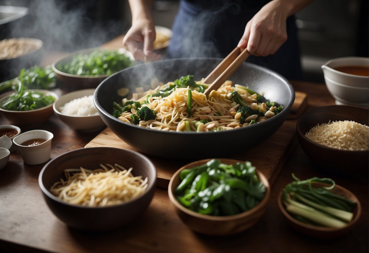 Various Chinese detox recipes being prepared using traditional cooking techniques, with ingredients being chopped, stir-fried, and simmered in a bustling kitchen