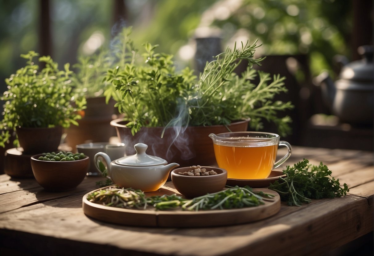 A serene garden with a variety of fresh herbs and vegetables, a steaming pot of herbal tea, and a collection of traditional Chinese detox recipes laid out on a wooden table