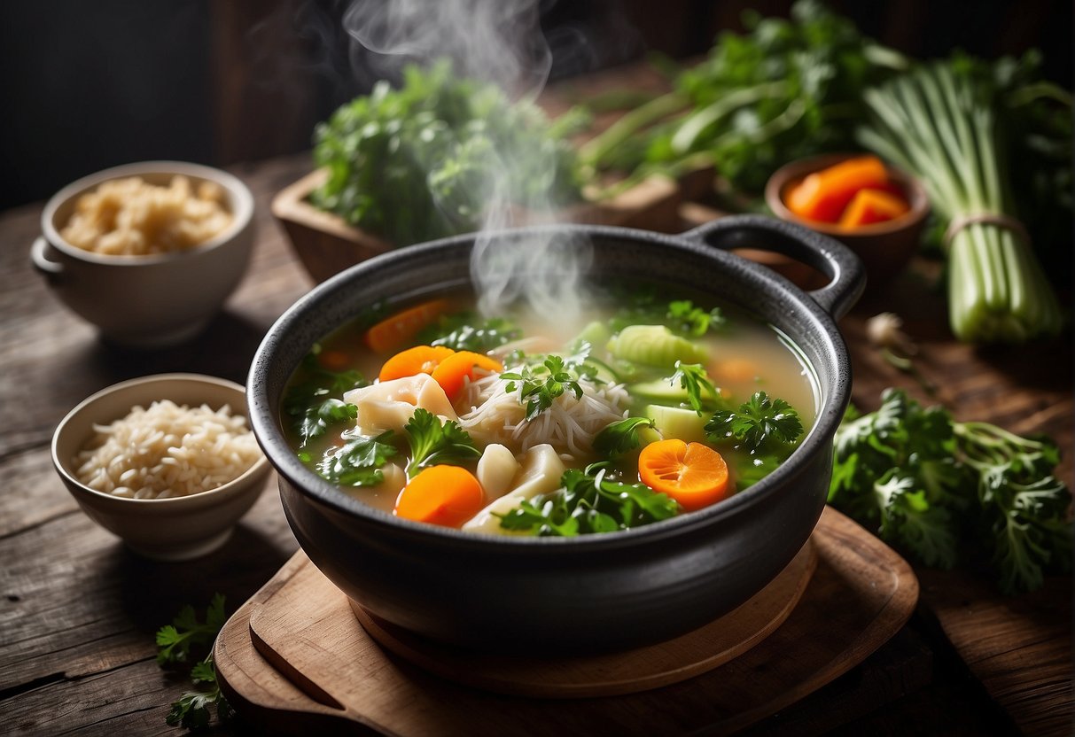 A steaming pot of Chinese detox soup surrounded by fresh vegetables and herbs on a rustic wooden table