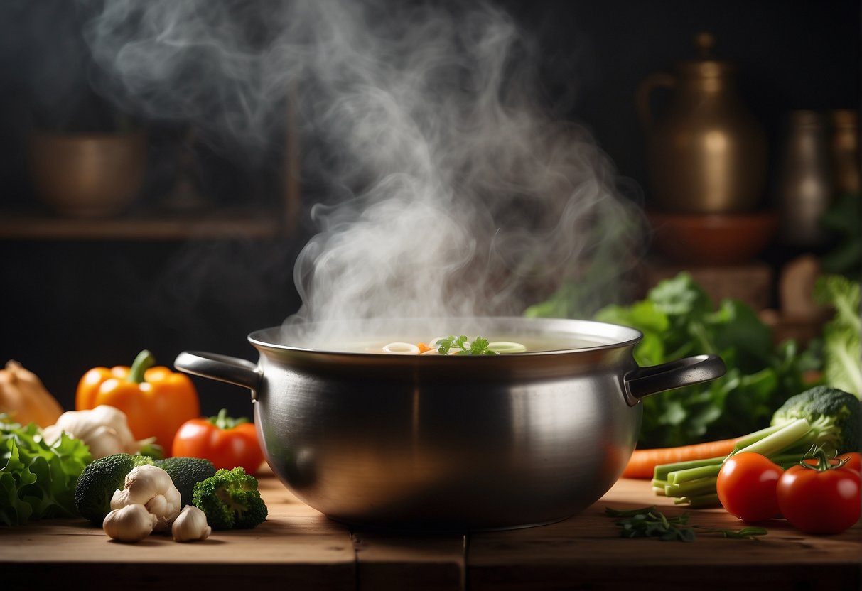 A steaming pot of Chinese detox soup surrounded by fresh vegetables and herbs, with a hint of ginger and garlic in the air