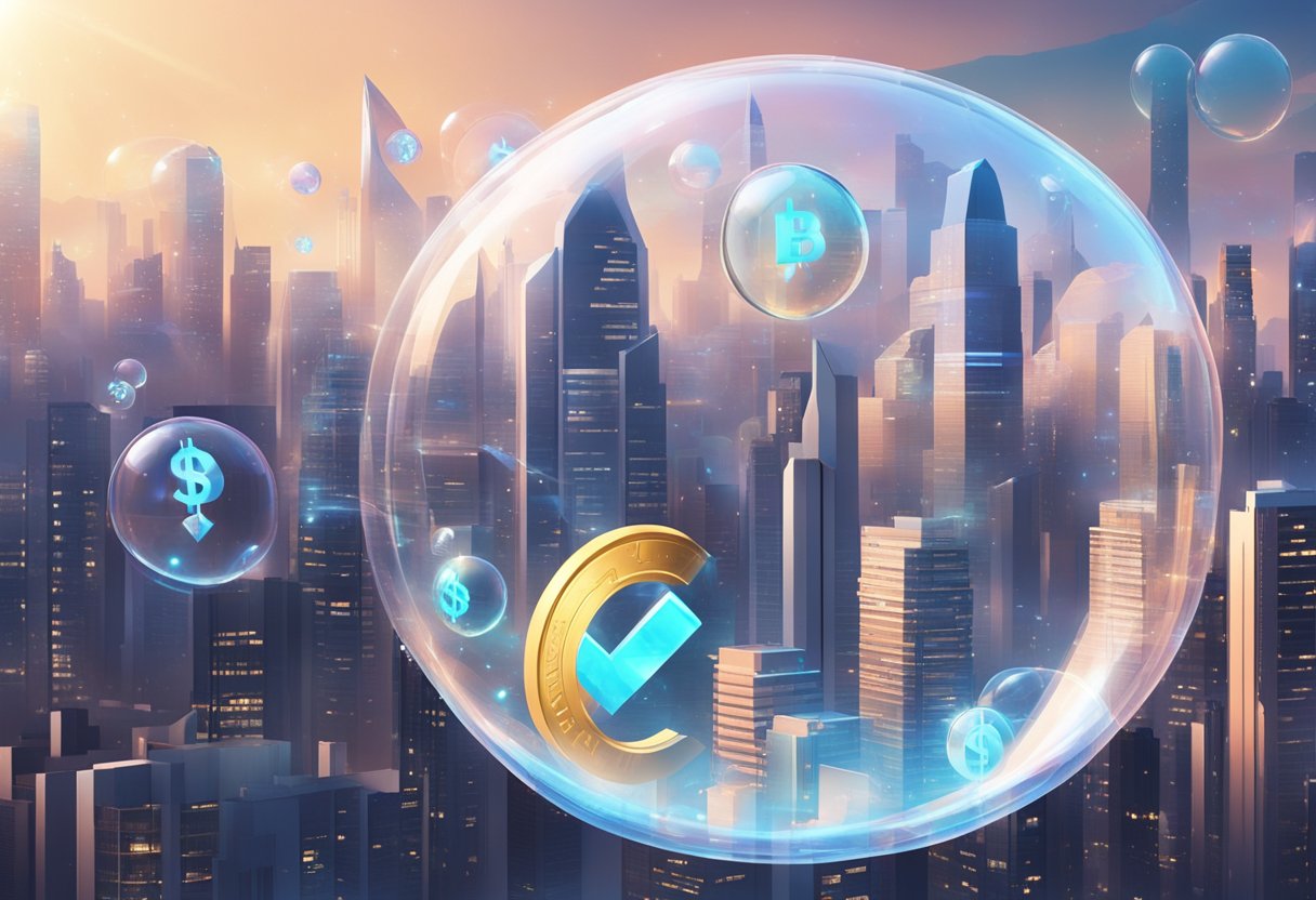 A transparent bubble encasing digital currency symbols floats above a futuristic city skyline