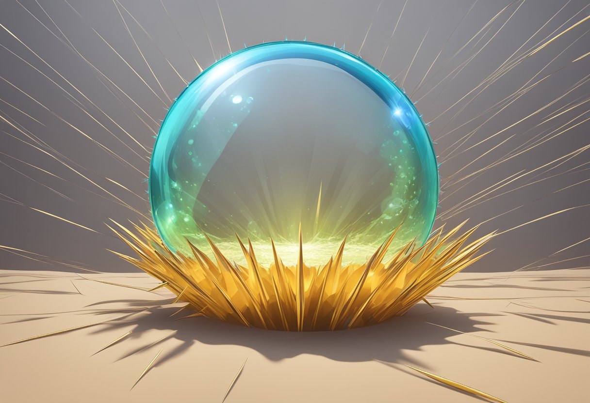 A bubble-shaped crypto hovering above a pit of spikes, with a shield deflecting potential risks