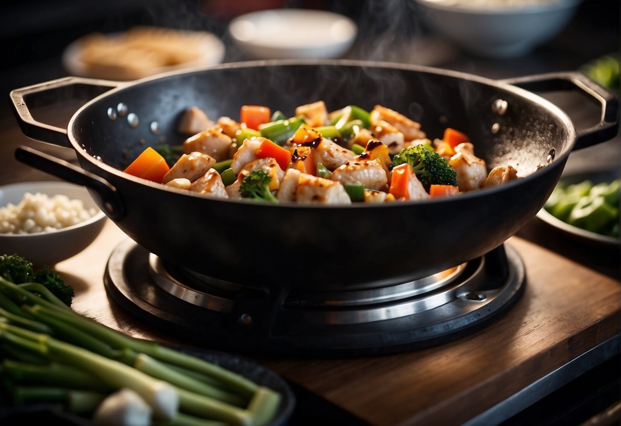 A wok sizzles as diced chicken, ginger, and garlic are stir-fried with soy sauce and vegetables, creating a savory aroma