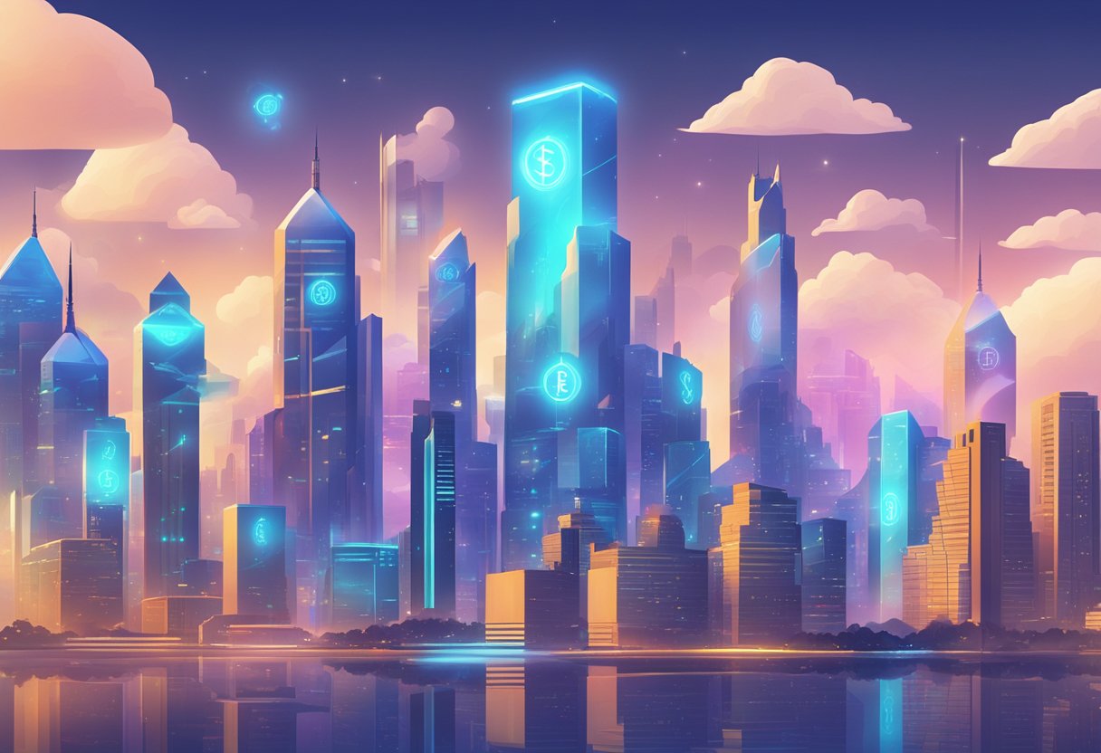 A futuristic city skyline with digital currency symbols floating above buildings