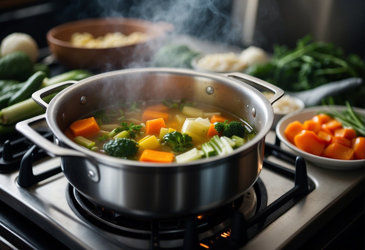 A pot simmers on a stovetop as various vegetables and herbs are added in a step-by-step process to create Chinese detox soup