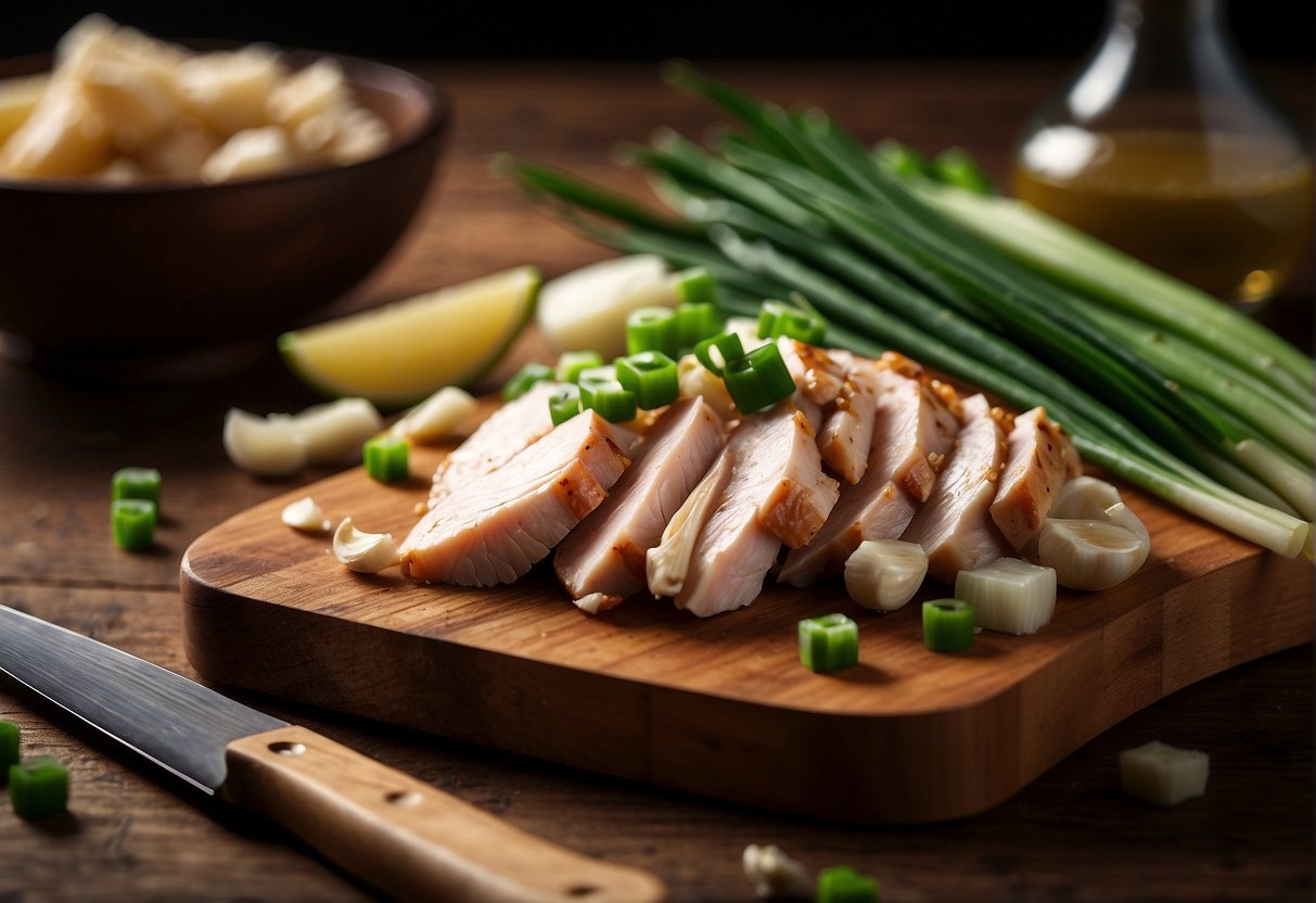 A cutting board with diced chicken, ginger, garlic, soy sauce, and green onions. A knife and bowl nearby