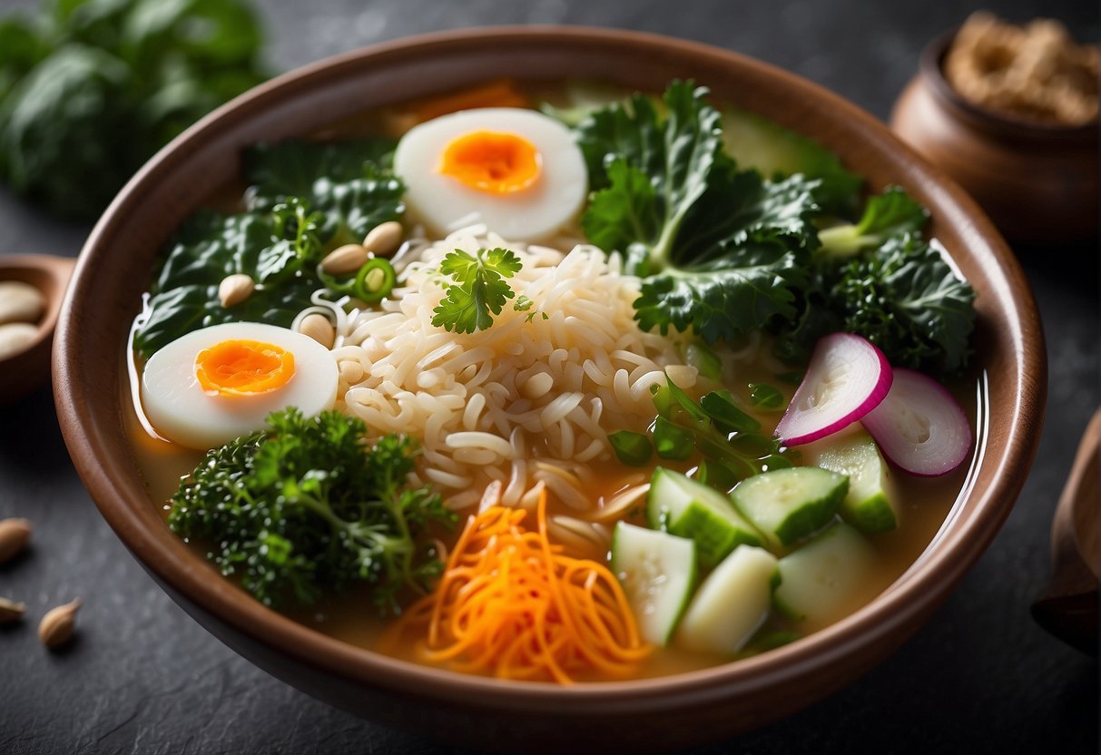 A steaming bowl of Chinese detox soup surrounded by ingredients like ginger, garlic, and leafy greens, with a hint of steam rising from the surface