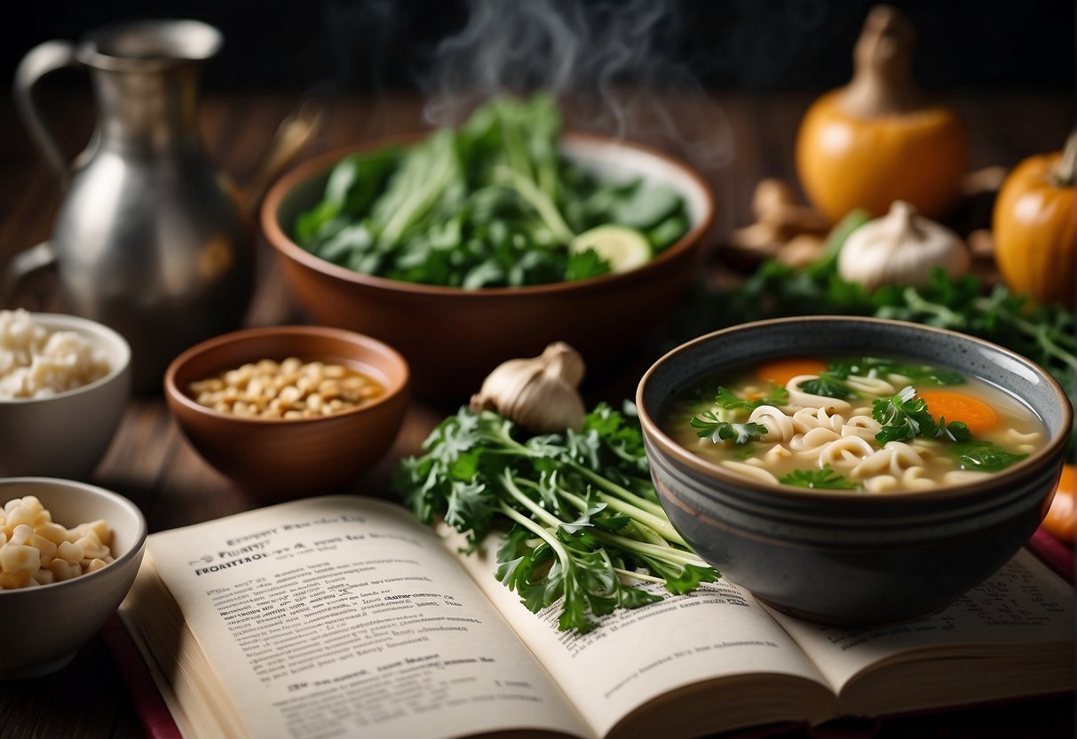 A steaming pot of Chinese detox soup surrounded by various ingredients like ginger, garlic, and leafy greens, with a recipe book open to a page titled "Frequently Asked Questions Chinese Detox Soup Recipes."