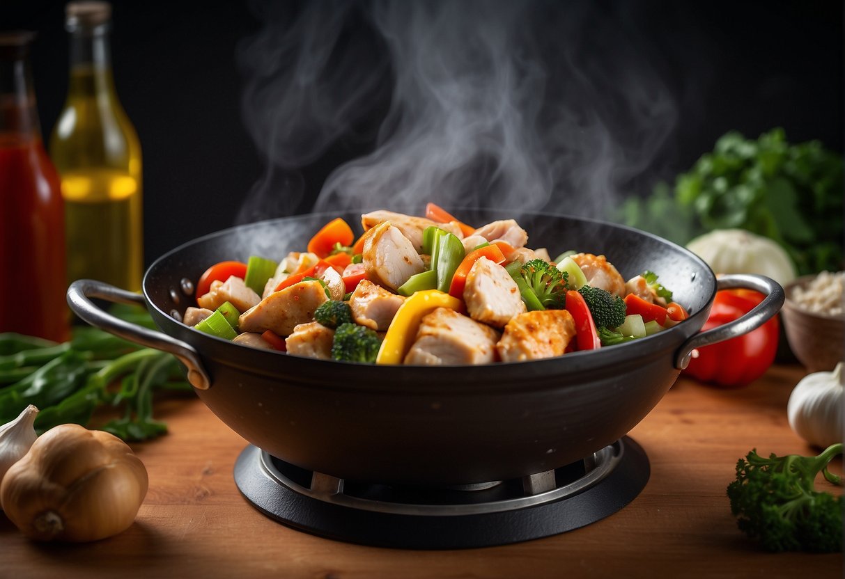 A sizzling wok filled with diced chicken, garlic, ginger, and colorful vegetables, emitting aromatic steam. Soy sauce and spices are added for flavor