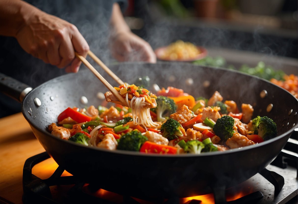A sizzling wok with diced chicken, vibrant vegetables, and aromatic spices. Steam rises as the chef tosses the ingredients, creating a tantalizing aroma
