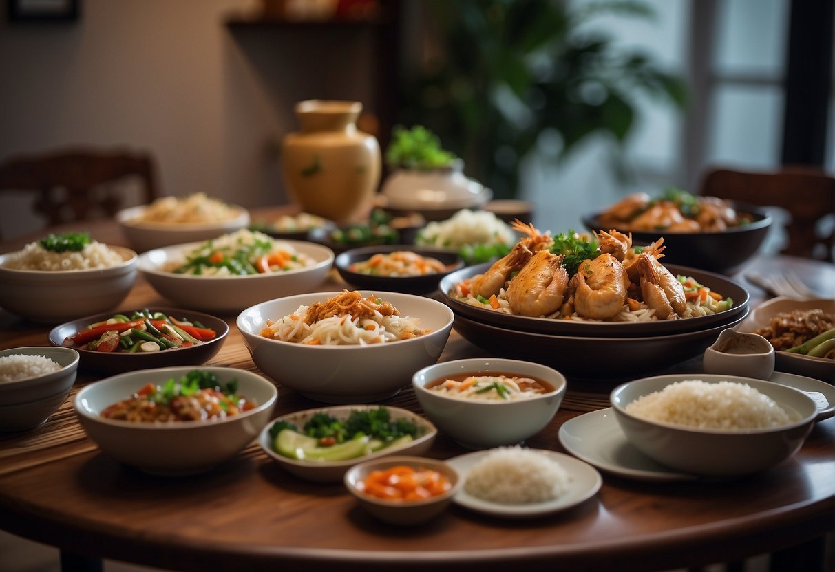 A table set with traditional Chinese dinner dishes in a Singaporean home, featuring popular recipes like Hainanese chicken rice and chili crab