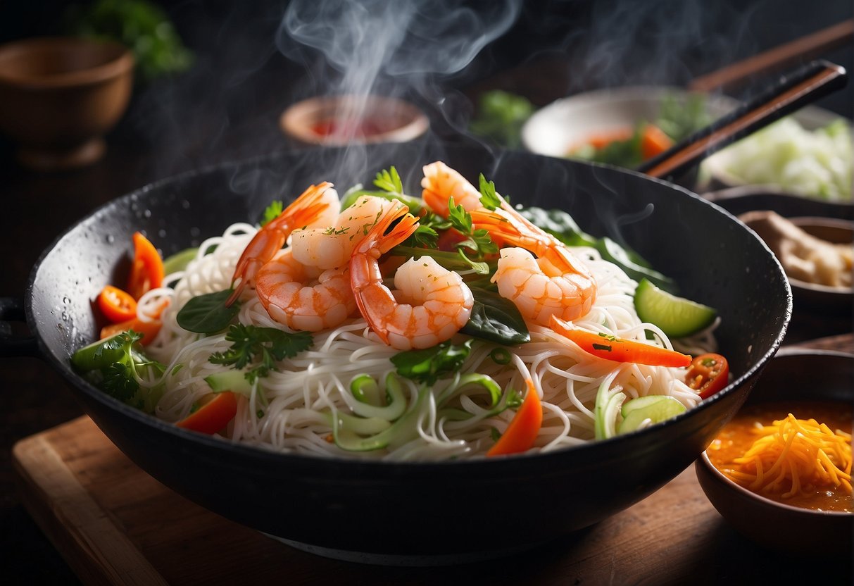 A steaming wok sizzles with thin rice noodles, vibrant vegetables, and succulent shrimp, infused with aromatic spices and savory sauces