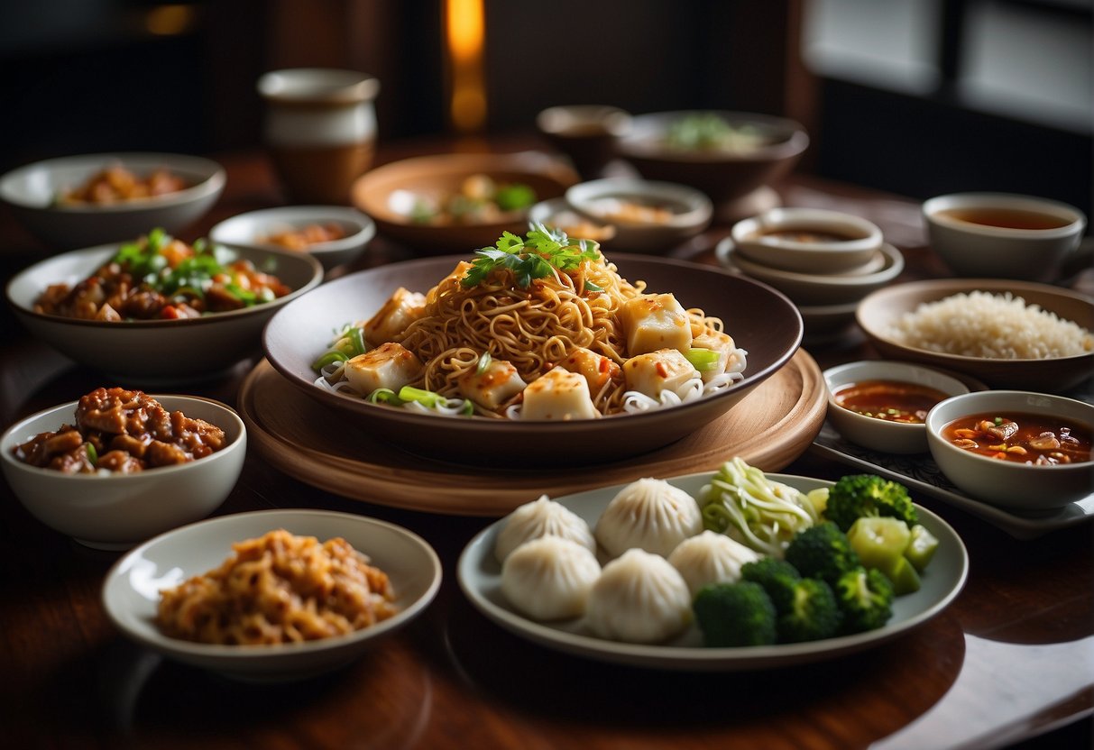 A table set with various popular Chinese dinner dishes, including stir-fried noodles, steamed dumplings, and spicy Sichuan tofu