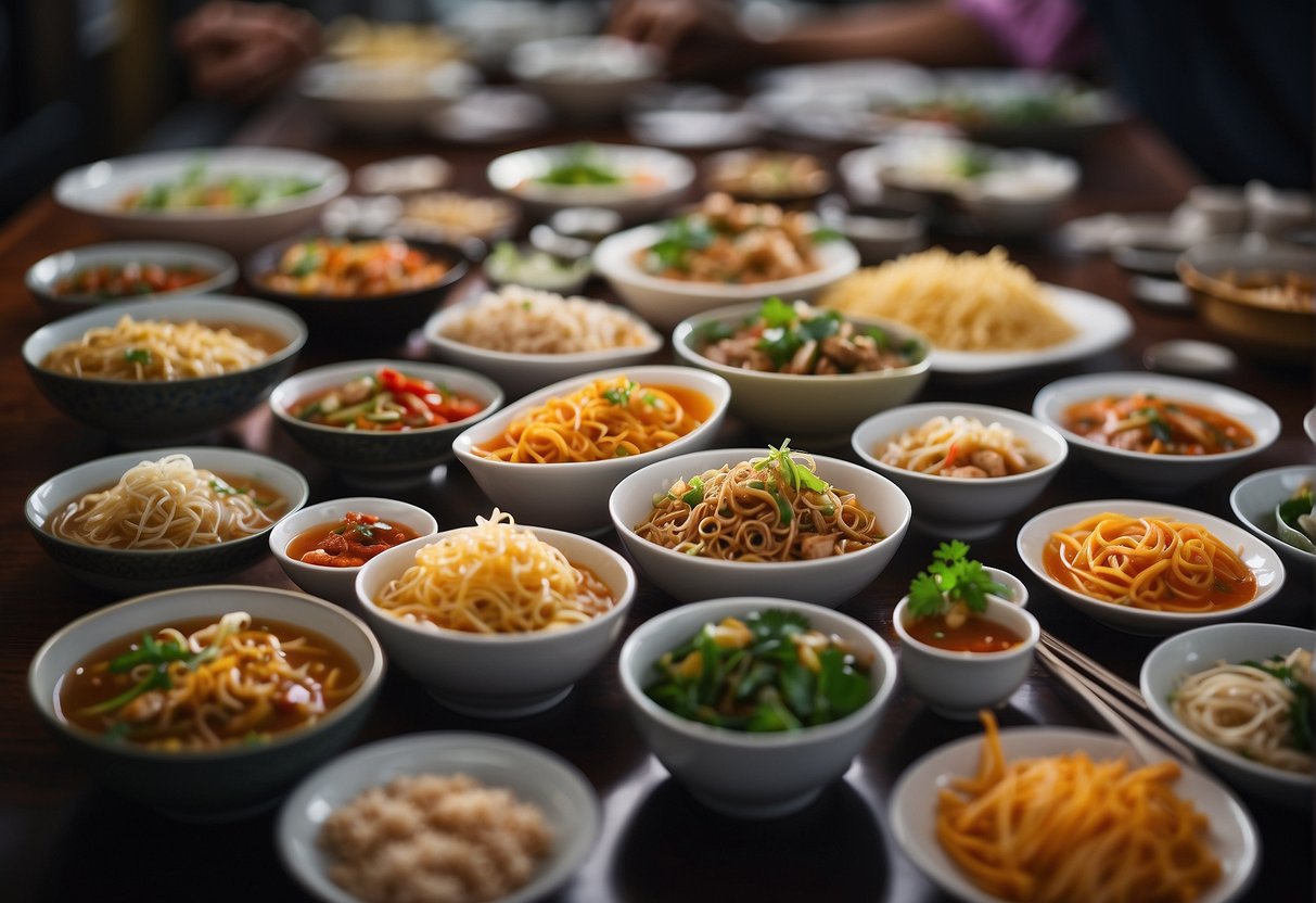 A table set with an array of colorful noodle dishes, from stir-fried to soup-based, showcasing the diversity of Chinese dinner recipes in Singapore