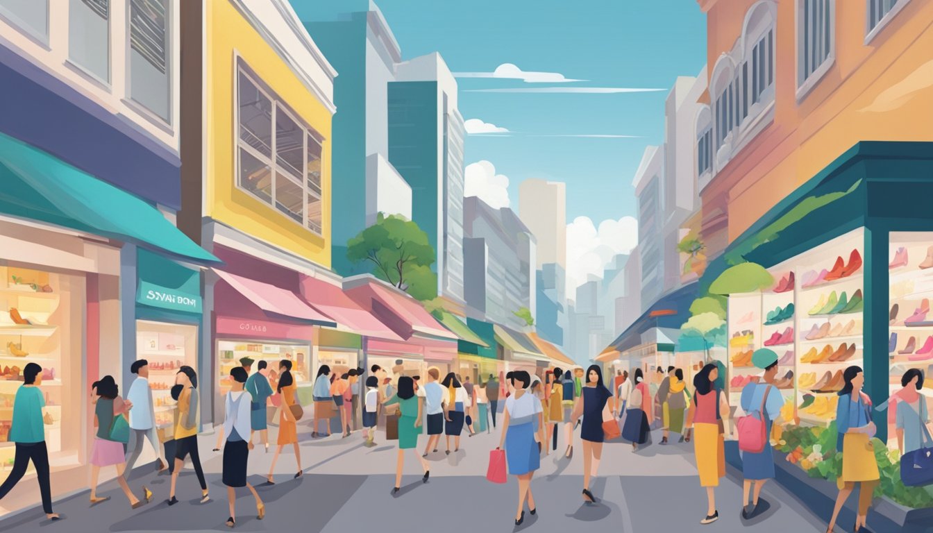 A bustling street in Singapore, with colorful storefronts displaying a variety of ladies' shoes. Shoppers browse racks and shelves, while salespeople assist customers