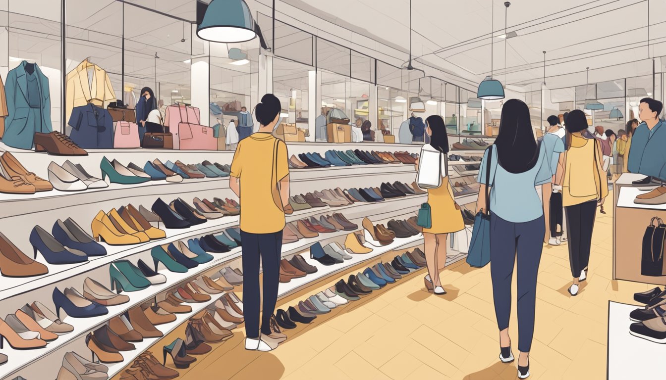 A bustling shoe store in Singapore, with rows of stylish ladies' shoes on display and customers browsing for their perfect pair