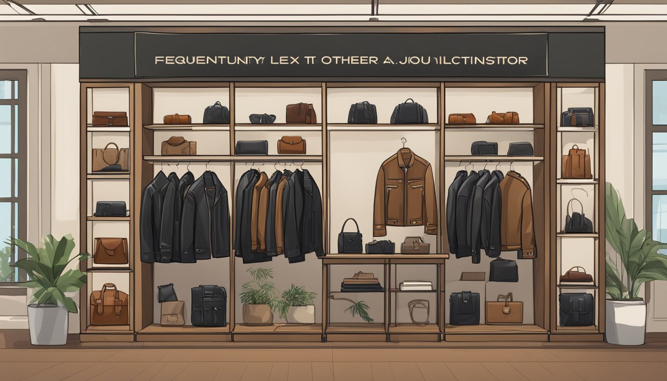 A leather jacket hanging on a rack in a boutique with a sign "Frequently Asked Questions: Where to buy leather jacket in Singapore" displayed prominently