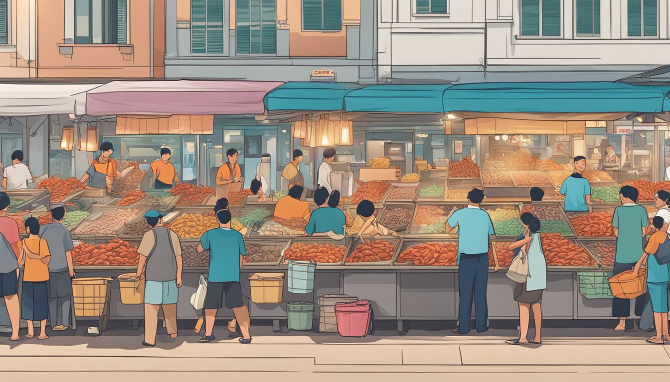A bustling seafood market in Singapore, with tanks of live lobsters on display, surrounded by eager customers and vendors haggling over prices