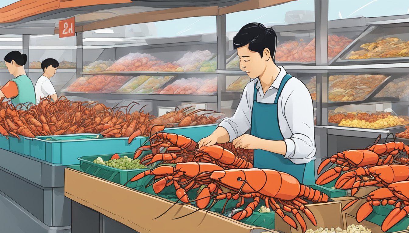 A customer carefully chooses a live lobster from a tank at a bustling seafood market in Singapore. The lobster is then prepared and enjoyed at a nearby restaurant