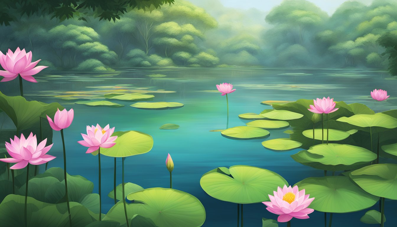A serene pond in Singapore, with vibrant lotus flowers floating on the water's surface, surrounded by lush greenery and a tranquil atmosphere