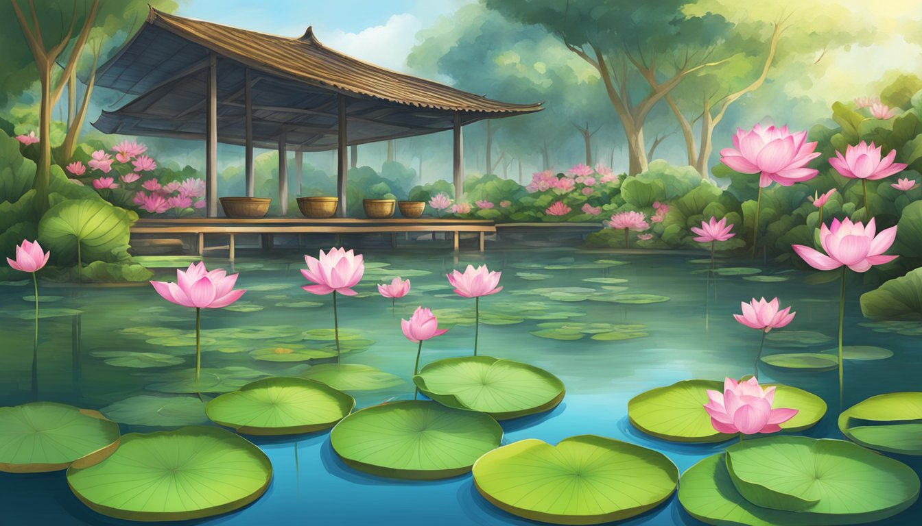 A serene pond with vibrant lotus flowers, surrounded by lush greenery. A vendor's stall displays a variety of lotus flowers for sale in Singapore