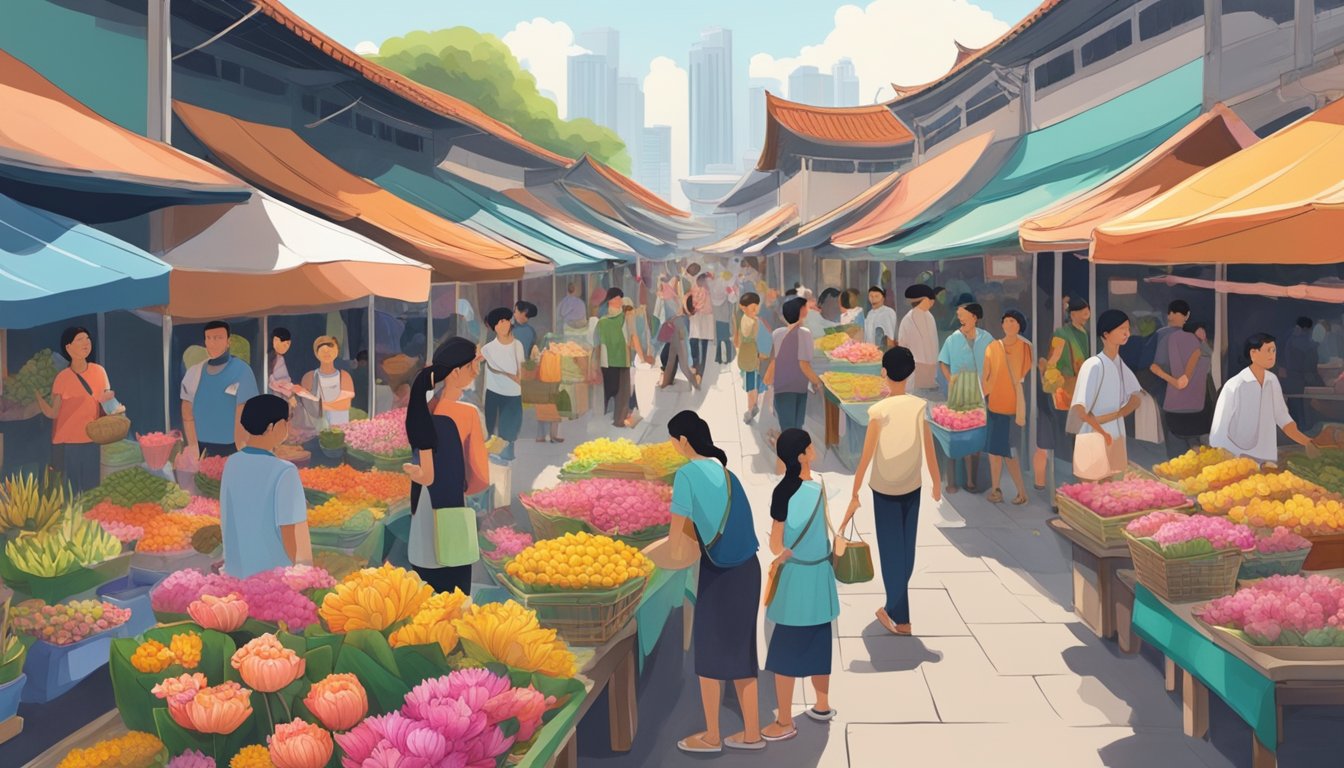 A bustling Singapore market with vendors selling vibrant lotus flowers in various colors and sizes, surrounded by curious shoppers seeking to purchase the beautiful blooms