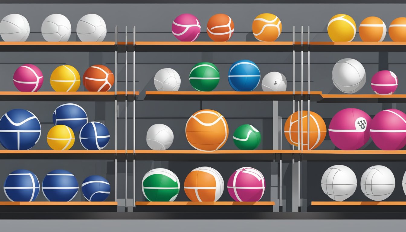 A medicine ball displayed in a fitness equipment store in Singapore. Shelves neatly organized with various sizes and brands