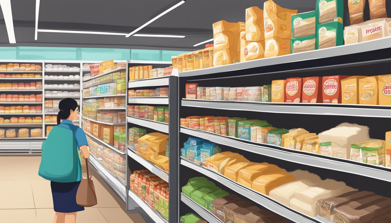 A bustling Asian grocery store shelves stocked with mochiko flour in Singapore