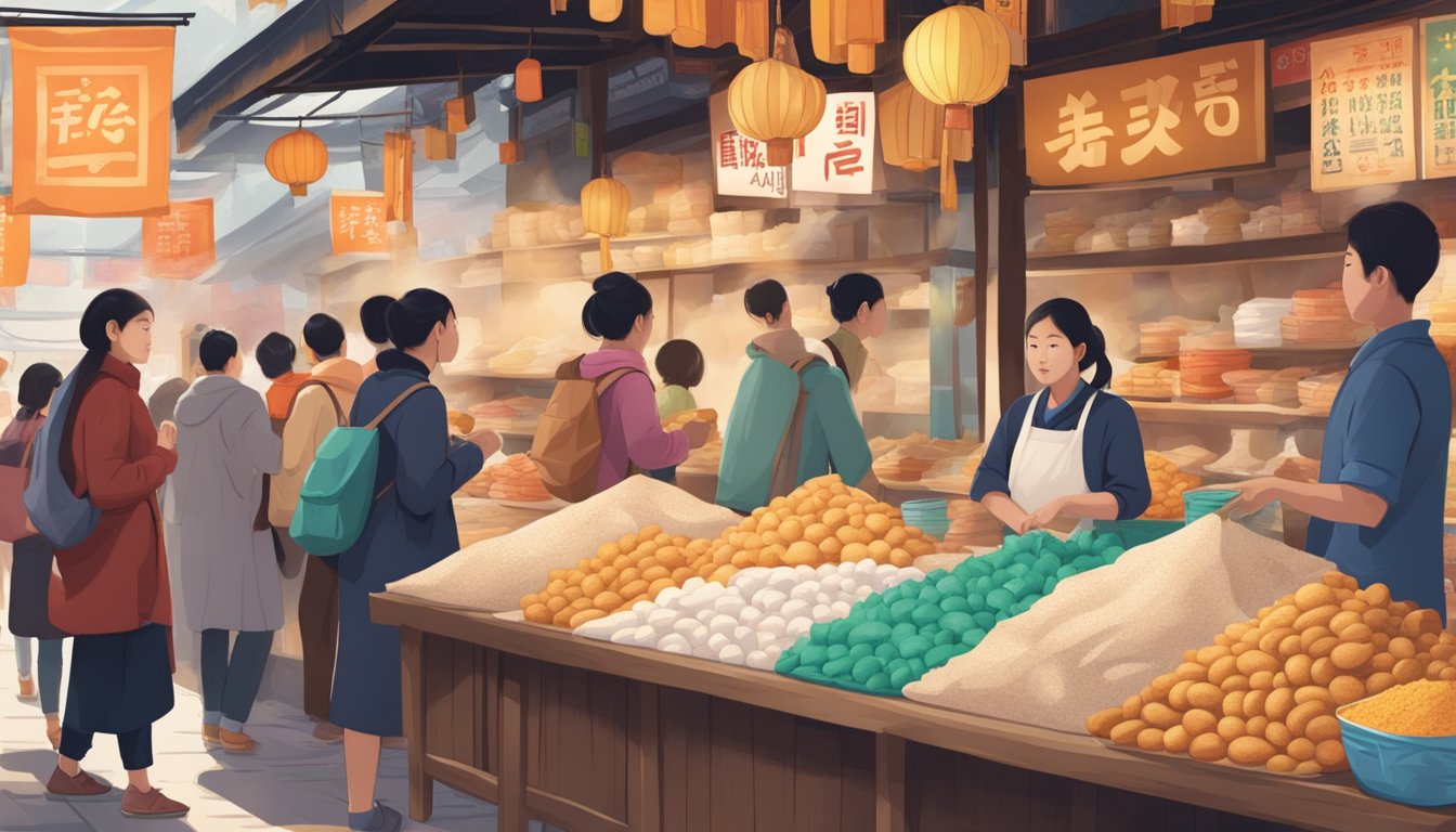 A bustling Asian market stall displays bags of mochiko flour, with colorful signage and curious shoppers in the background