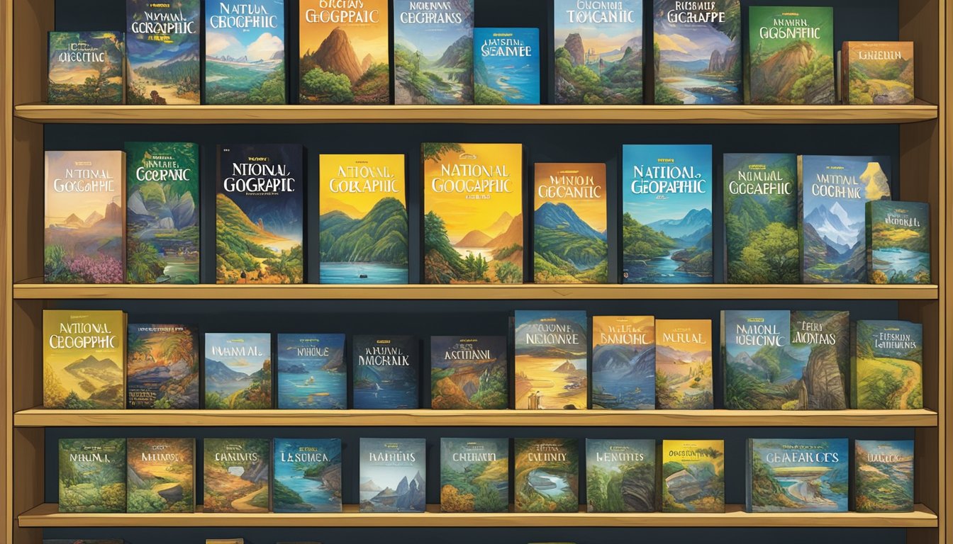National Geographic magazines displayed on shelves in a bookstore in Singapore