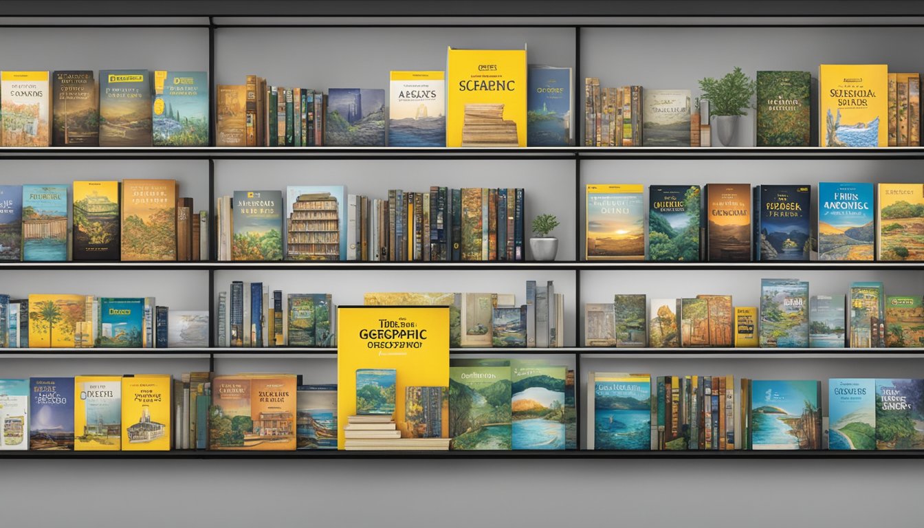 A bookstore shelf displays National Geographic magazines in Singapore