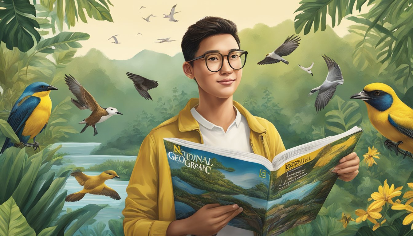 A person holding a National Geographic magazine, surrounded by nature and wildlife, with a sense of wonder and discovery. Available at newsstands in Singapore