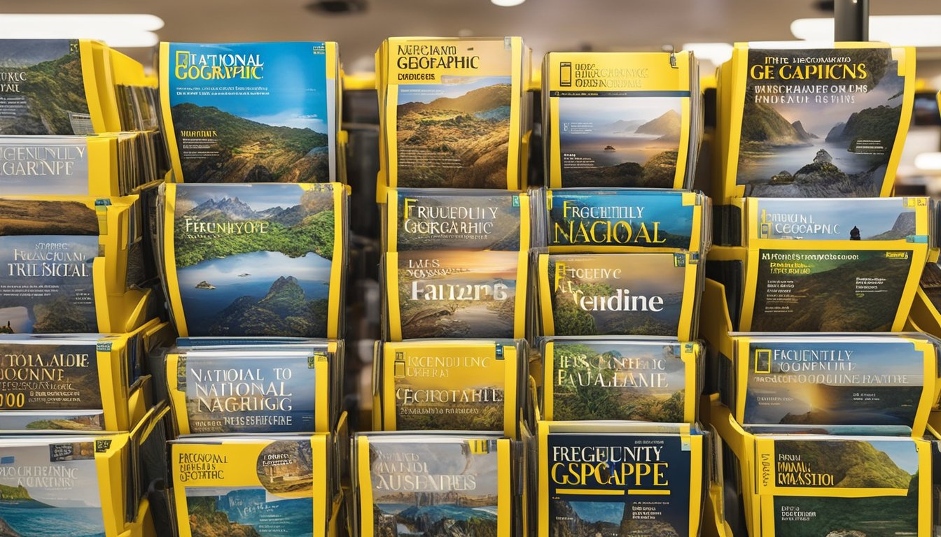 A stack of National Geographic magazines displayed in a bookstore in Singapore, with a sign indicating "Frequently Asked Questions: Where to buy National Geographic magazine in Singapore."