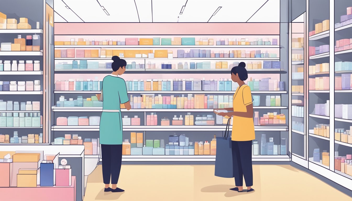 A bright and modern skincare store in Singapore, with shelves neatly stocked with Obagi products and a friendly salesperson assisting a customer