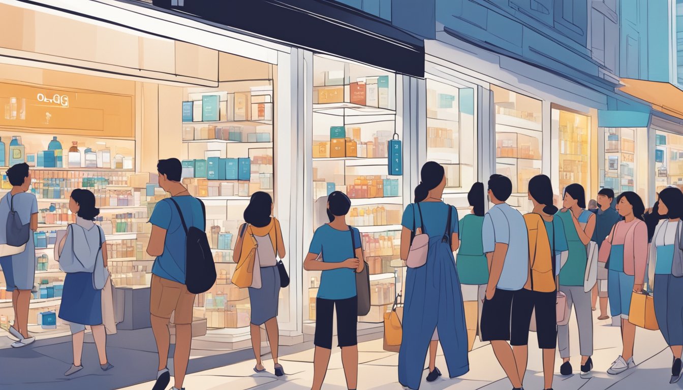 A bustling street in Singapore, lined with modern storefronts displaying the Obagi logo. Shoppers eagerly browse the shelves, eager to discover the latest skincare products