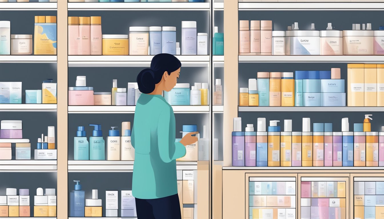 A customer browsing through shelves of Obagi products at a skincare store in Singapore, carefully examining the labels and comparing different options