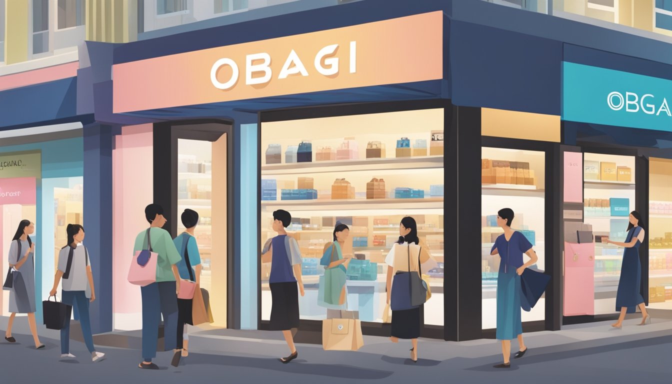 A storefront with prominent "Obagi" signage in a bustling Singapore shopping district. Shoppers browsing and asking store staff about product availability
