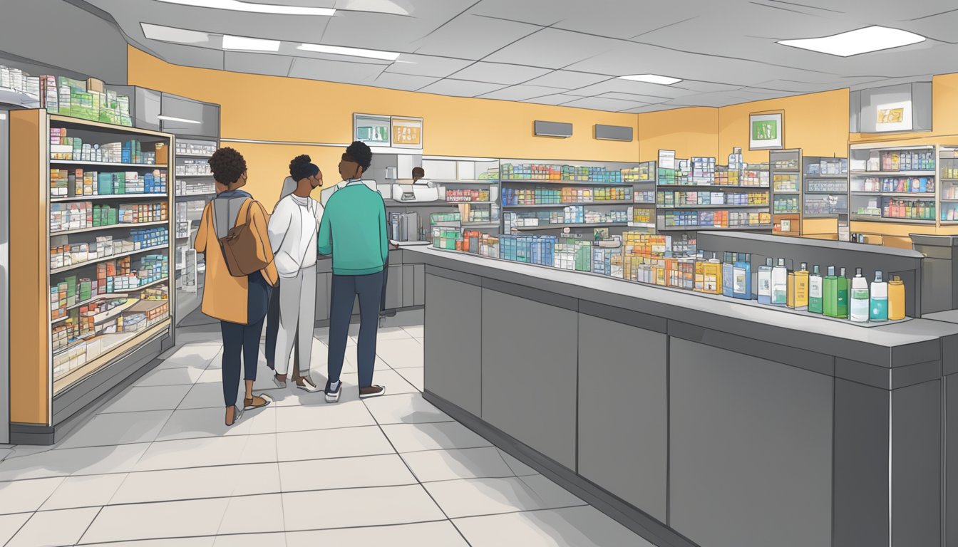 A pharmacy counter with Oracort E prominently displayed, customers browsing nearby