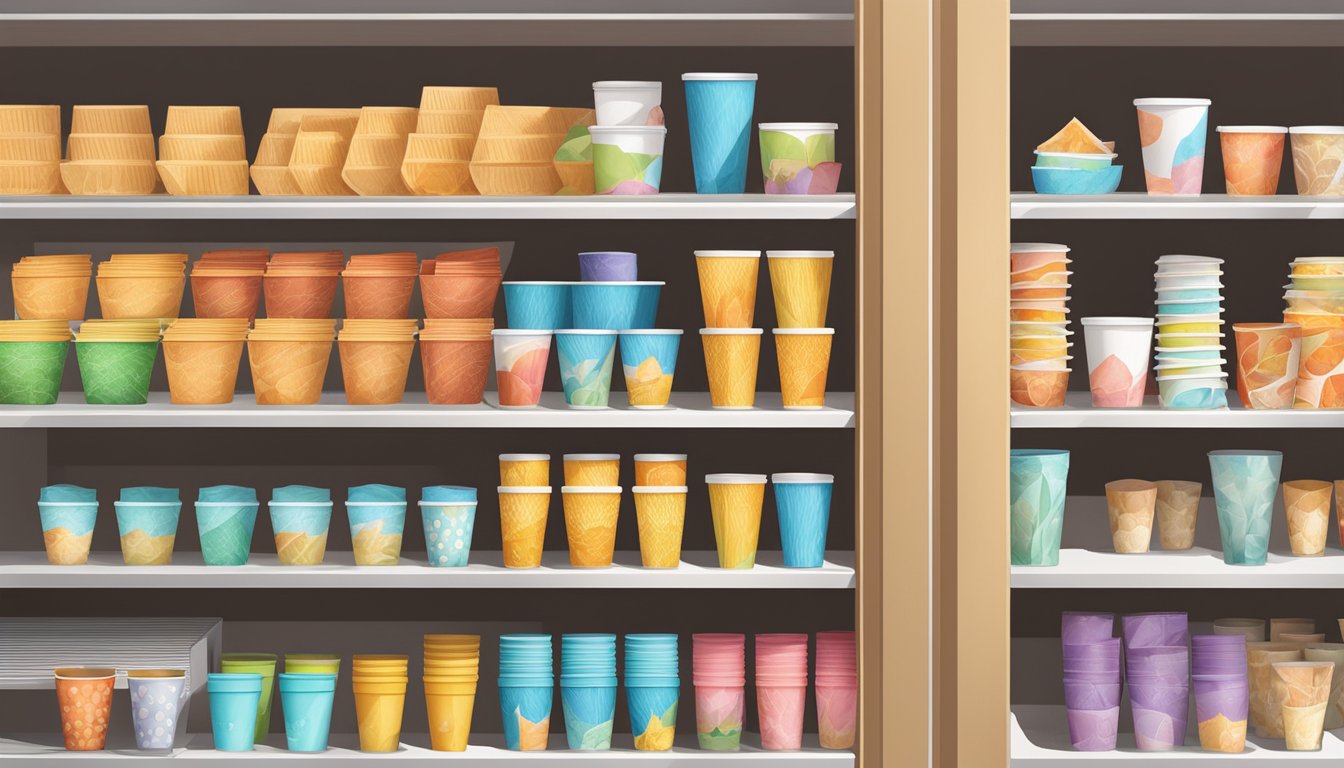 A store shelf displays various paper cups in a supermarket in Singapore