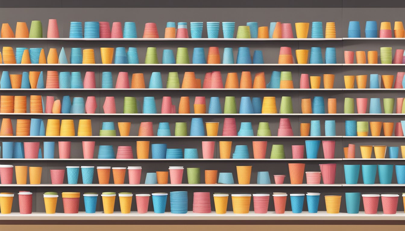 A display of paper cups on shelves in a Singaporean store