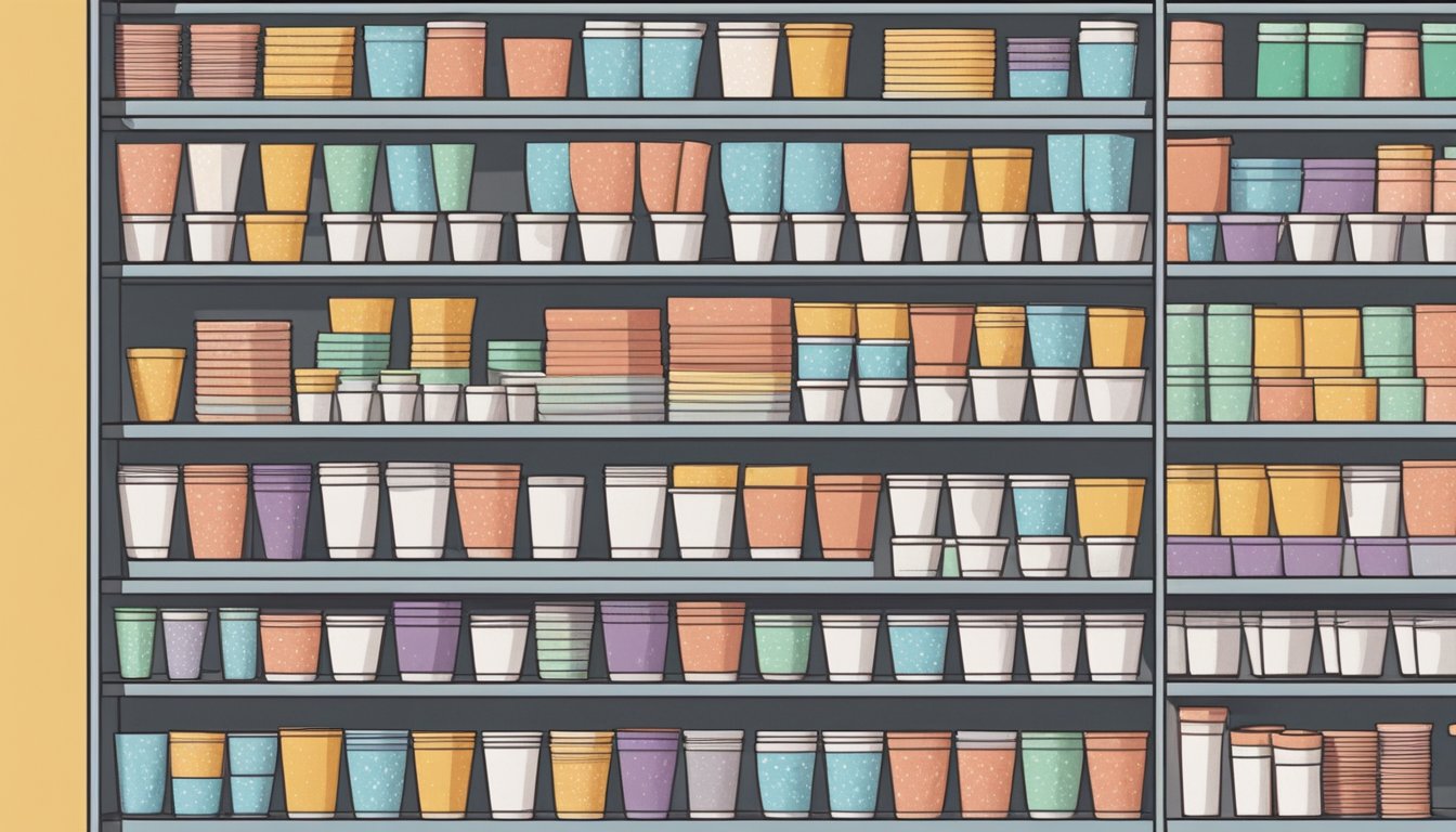 A hand reaches for a stack of paper cups on a store shelf in Singapore. Various brands and sizes are displayed, with prices clearly marked