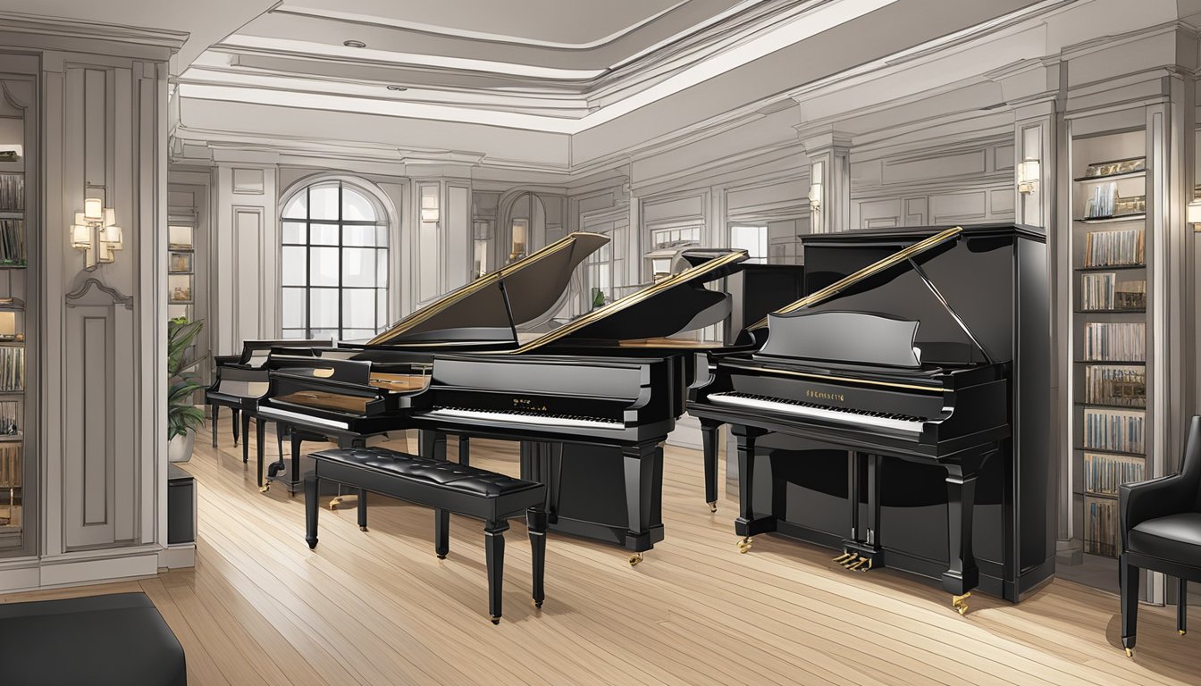 A piano shop in Singapore displays various pianos, from grand to upright, with a wide selection of brands and models